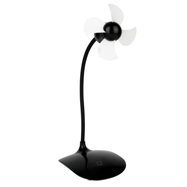 Three-quarter angled front studio view of a black desktop fan with a flexible gooseneck arm and white soft blades on a white background.
