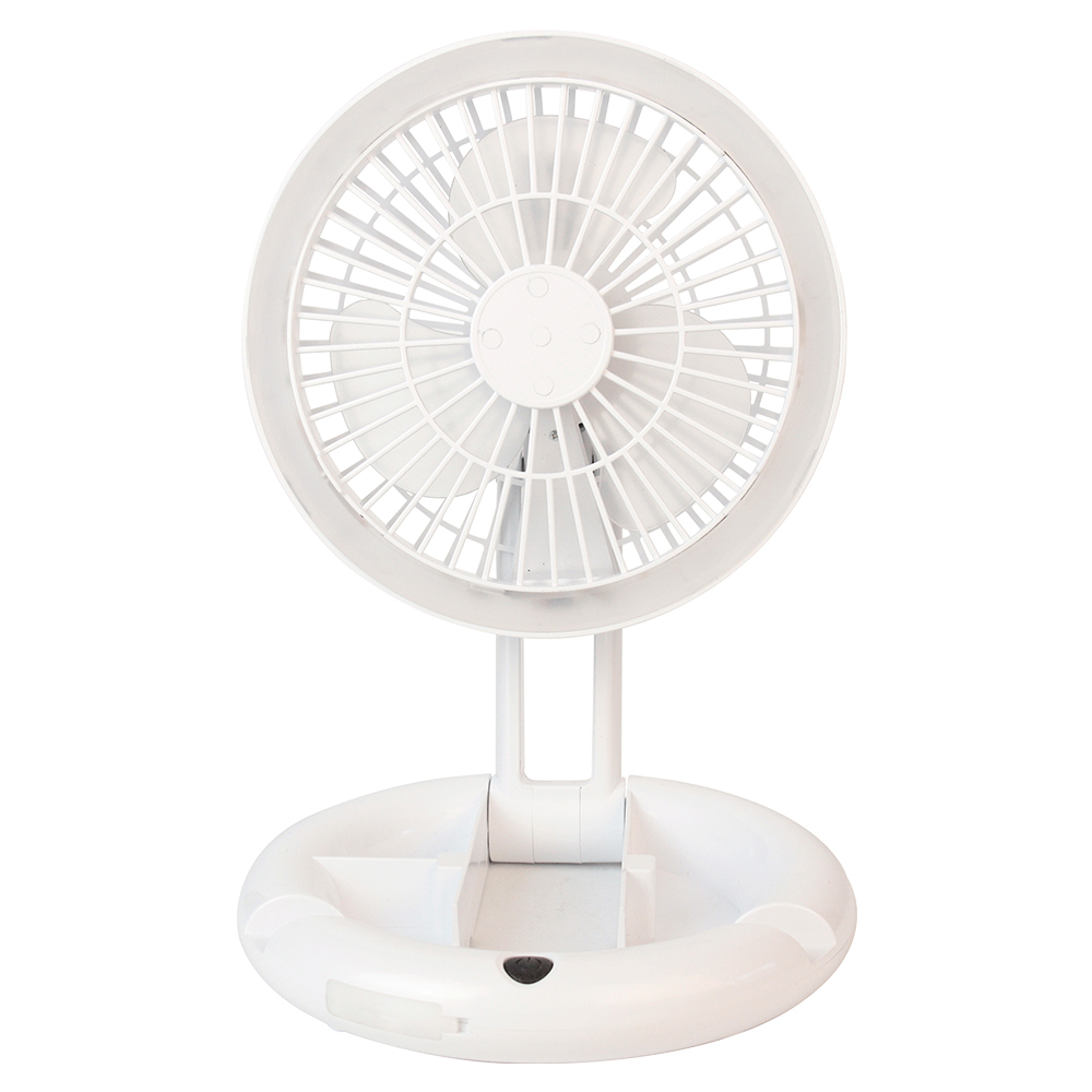 Front studio view of a white foldable desktop fan featuring an integrated LED ring light and a circular base.