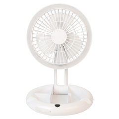 Front studio view of a white foldable desktop fan featuring an integrated LED ring light and a circular base.