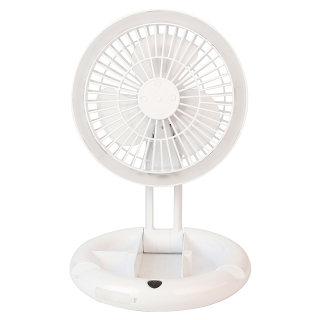Front studio view of a white foldable desktop fan featuring an integrated LED ring light and a circular base.