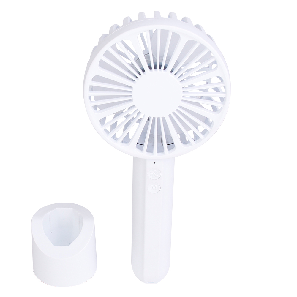 Studio view showing the white handheld personal fan standing beside its separated and detached cylindrical base.