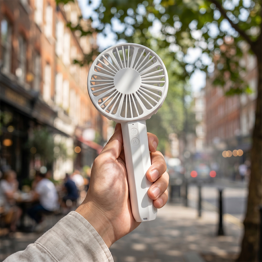 A close-up view of a person's hand holding the white mini fan on a sunlit city street with blurred buildings and trees in the background.