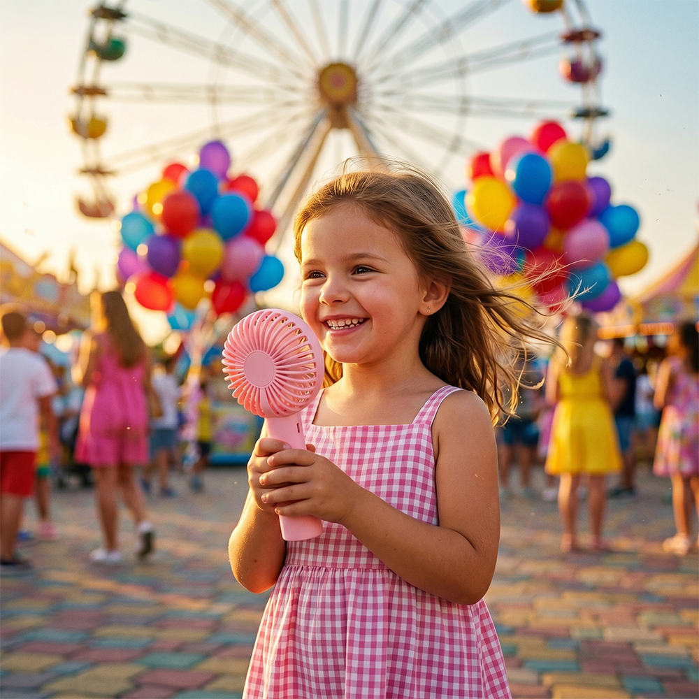A young smiling girl in a checkered dress holding the pink personal fan at an outdoor amusement park with a Ferris wheel in the background.