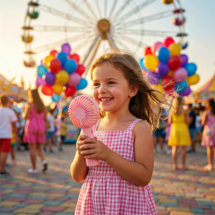A young smiling girl in a checkered dress holding the pink personal fan at an outdoor amusement park with a Ferris wheel in the background.