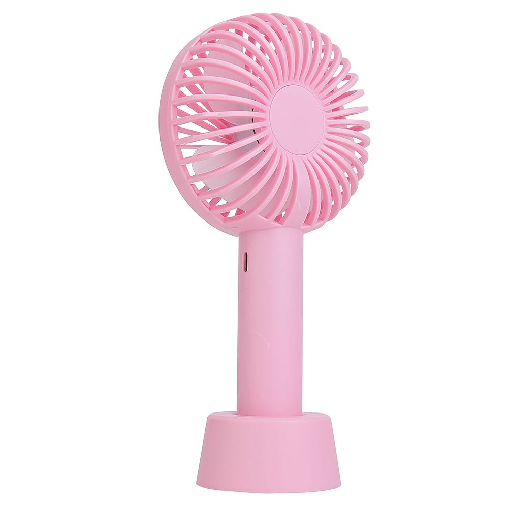 Rear-angled studio view of the pink mini travel fan showcasing the plastic housing and protective back guard.