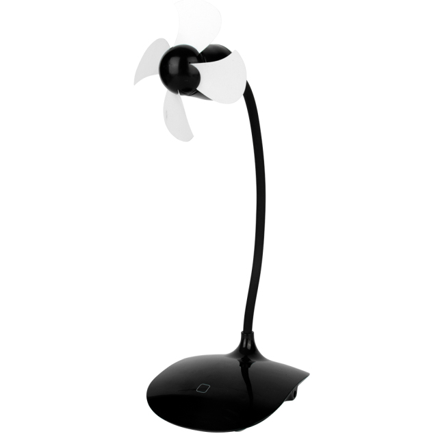Clean profile side studio view of the black minimalist gooseneck table fan showing its slender curved tube.