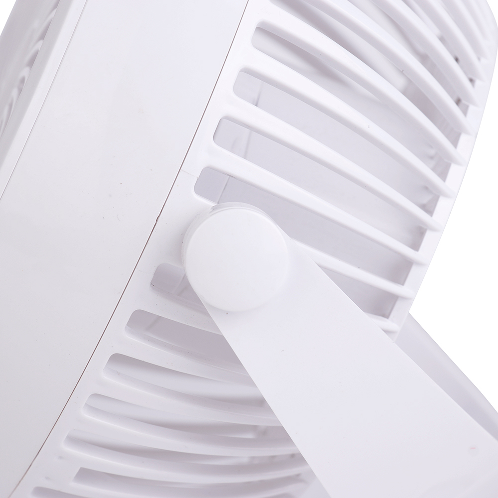 Profile side studio view of the white personal fan showing its sturdy clamp base and the adjustable hinge mechanism.