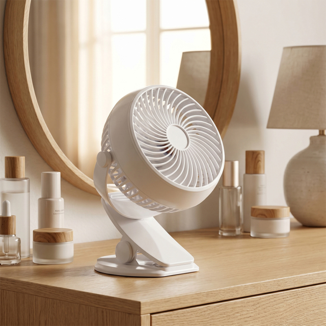 A white multi-functional personal fan placed on a wooden vanity table or nightstand next to cosmetic bottles and a round mirror in a cozy bedroom.