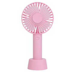 Front studio view of a pink handheld mini fan standing vertically in its matching circular base.