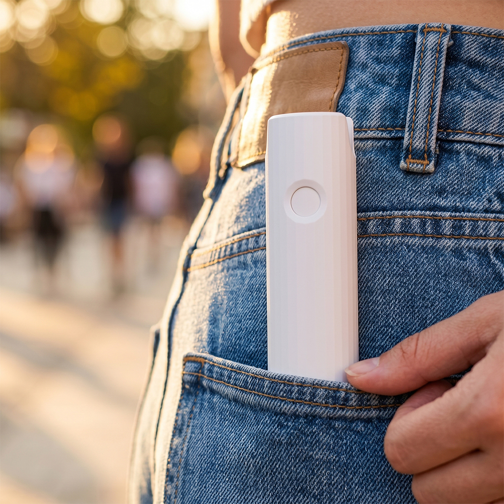 Close-up view of a person inserting the compact white telescopic mini fan into the back pocket of blue jeans.