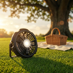A black portable camping fan with its central LED light illuminated, placed on a green lawn next to a picnic blanket and basket under a tree.