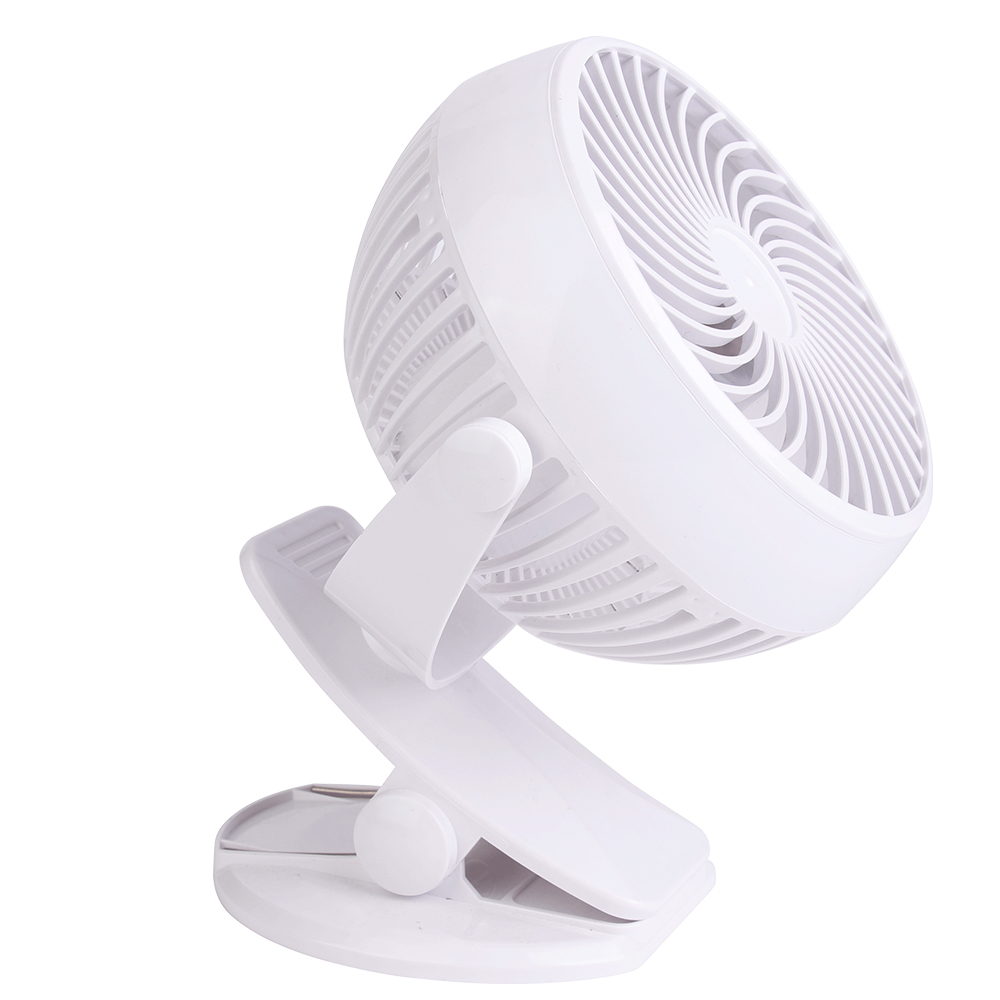 Rear studio view of the white portable clip fan highlighting the power control button and protective back grille.