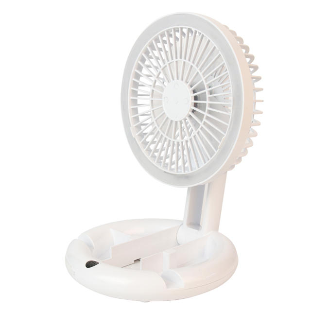 Three-quarter angled studio view of the white portable desk fan showcasing its dual-vertical support bars.