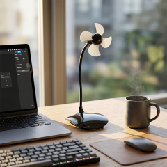 A black flexible gooseneck fan operating on a wooden office desk next to an open laptop, a mechanical keyboard, and a ceramic coffee mug near a window.