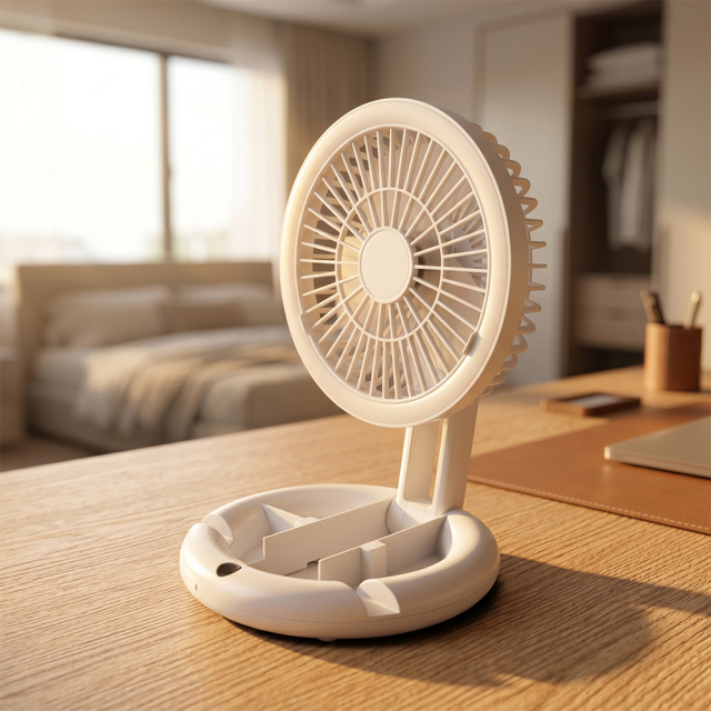 A white multi-functional desktop fan with an LED ring light standing on a wooden desk with a cozy blurred bedroom in the background.