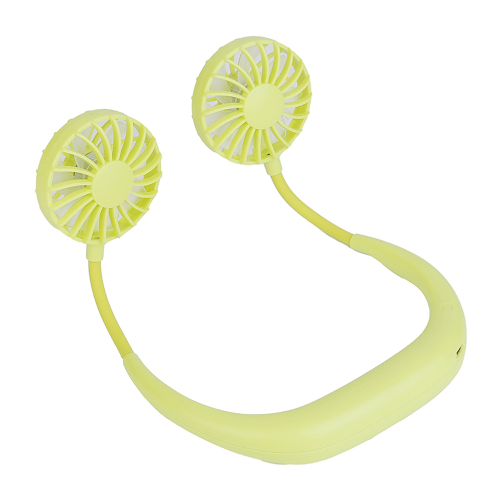 A three-quarter angled studio view of a pale green portable neck fan with dual wind heads and a flexible silicone band.