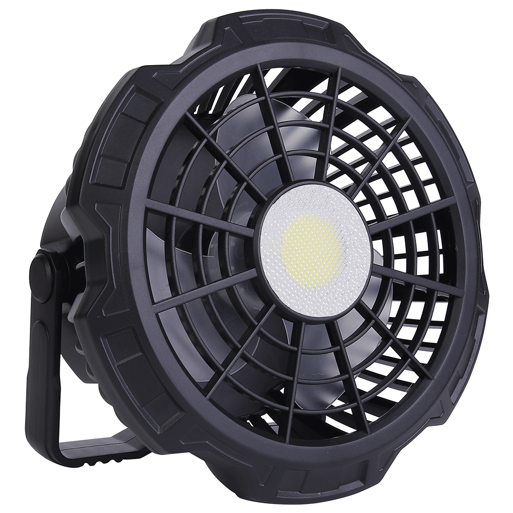 Three-quarter angled studio view of the black portable outdoor fan showing its rugged housing and adjustable stand.