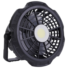 Three-quarter angled studio view of the black portable outdoor fan showing its rugged housing and adjustable stand.