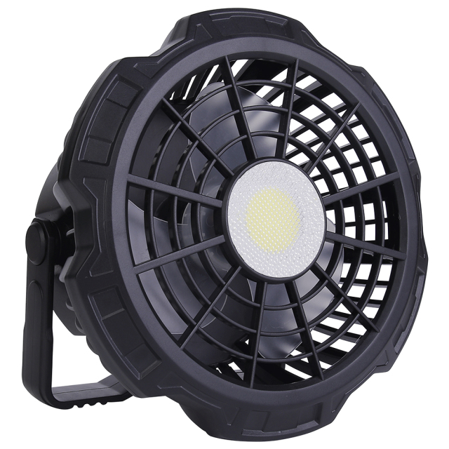 Three-quarter angled studio view of the black portable outdoor fan showing its rugged housing and adjustable stand.