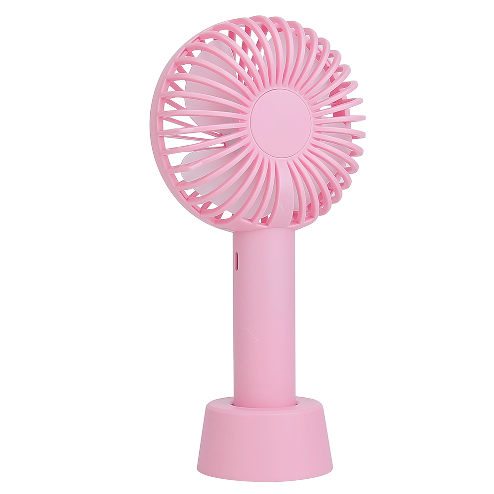 Three-quarter angled studio view of the pink portable pocket fan standing in its detachable desktop base.