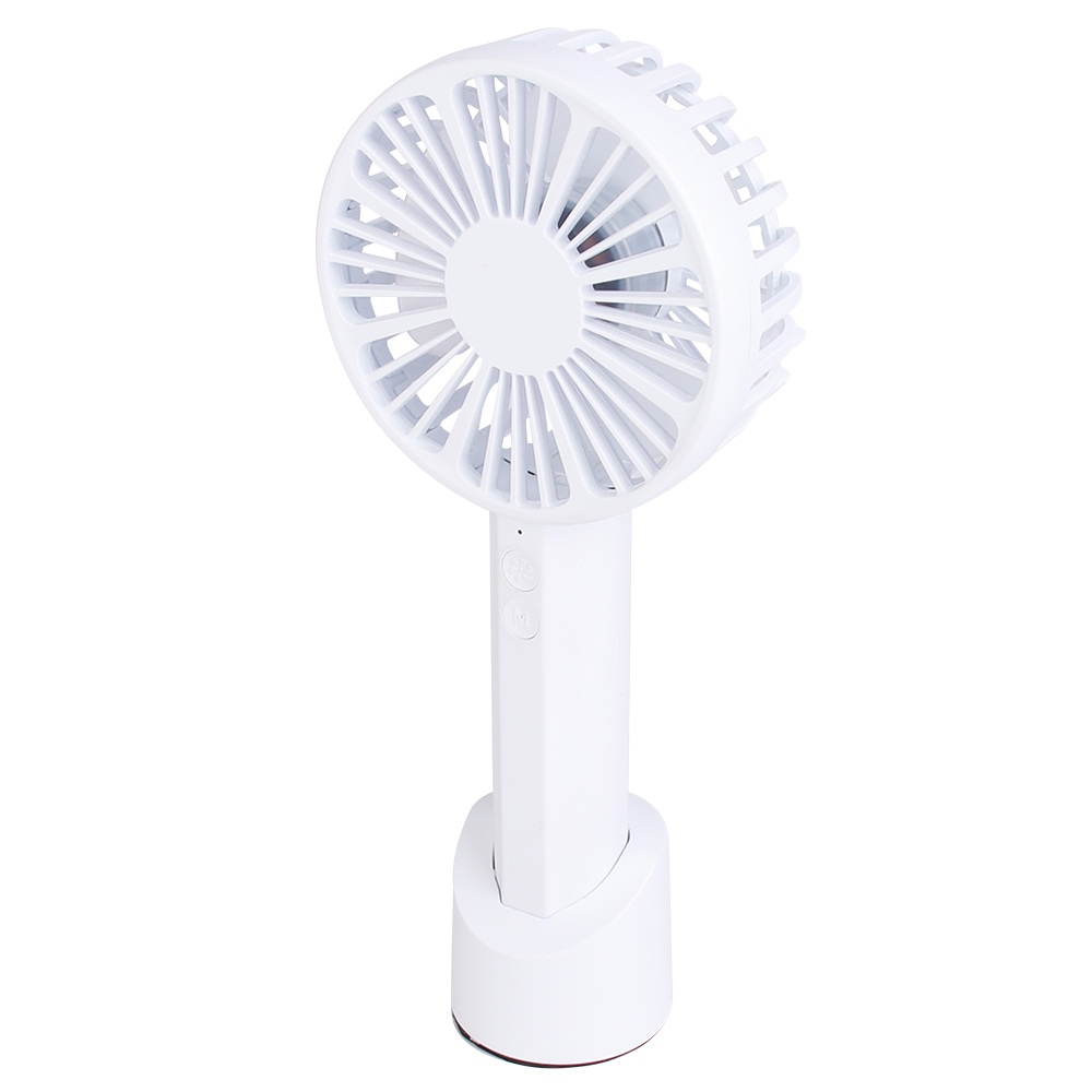 Slightly elevated front studio view of the rechargeable white handheld fan standing in its base.
