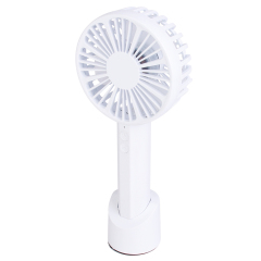 Slightly elevated front studio view of the rechargeable white handheld fan standing in its base.