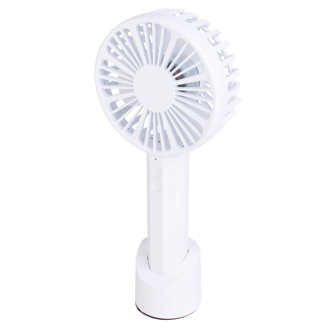 Slightly elevated front studio view of the rechargeable white handheld fan standing in its base.