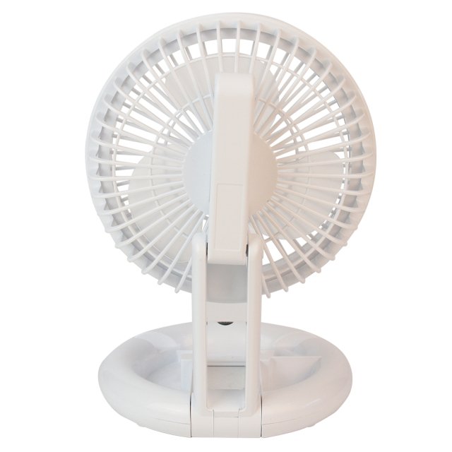 Rear studio view of the white rechargeable table fan showing the hinge mechanism and back grille design.