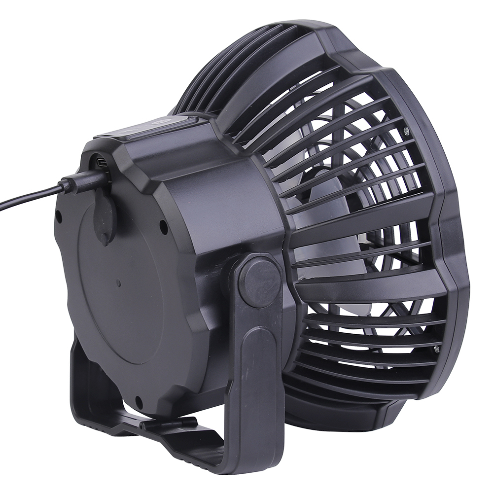 Rear side studio view of the rechargeable tent fan highlighting the protective motor housing and charging interface.