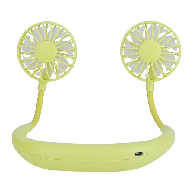 Rear studio view of the pale green wearable sports fan highlighting the integrated Type-C USB charging port.