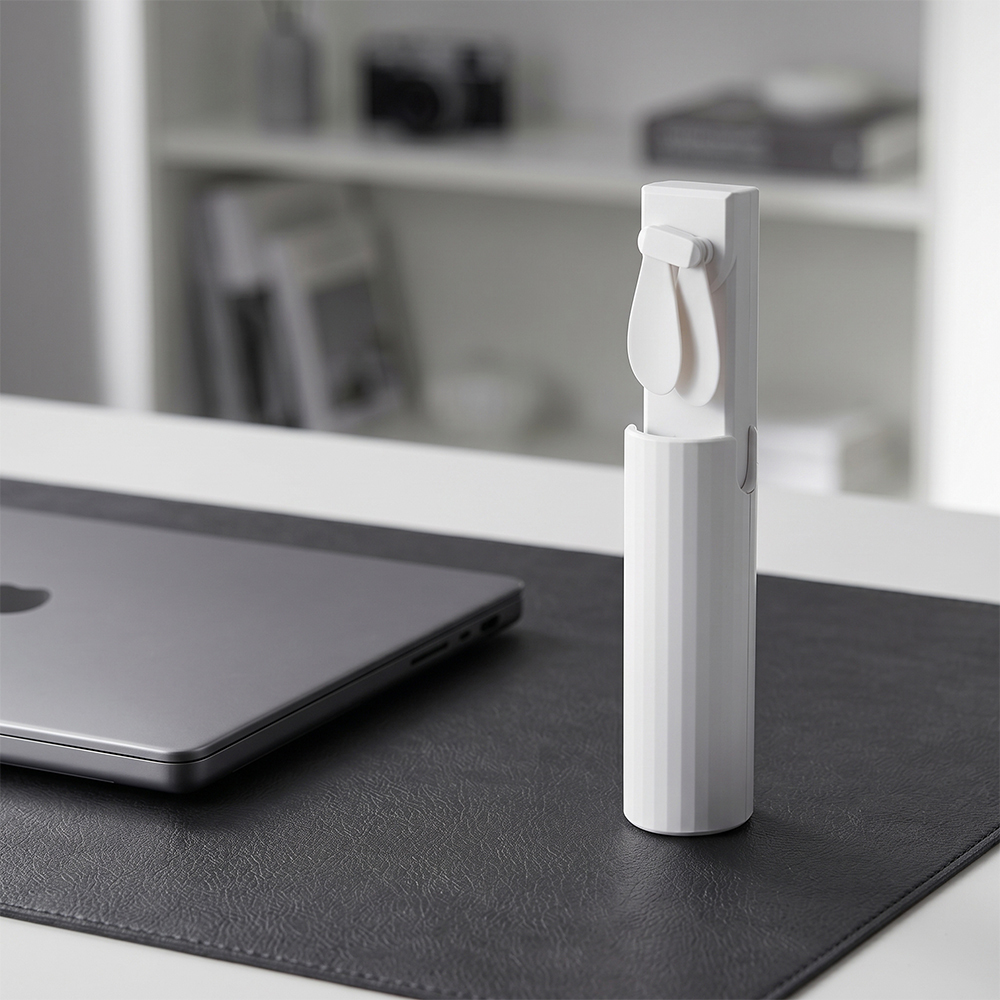 The white retractable mini fan extended and standing vertically on a black desk mat next to a laptop.