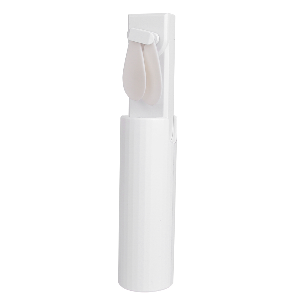 Side studio view of the retractable pocket fan partially extended with its soft blades exposed at the top.