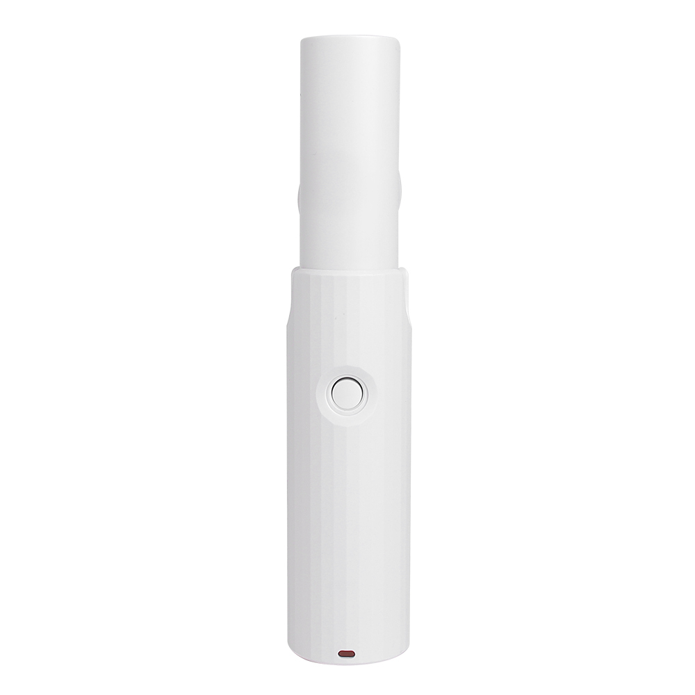 Front studio view of the telescopic personal mini fan fully extended vertically from its cylindrical body.