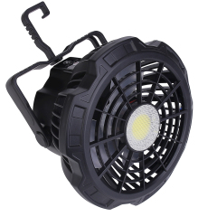 Studio view of the black tent fan showing the sturdy carry handle and the built-in hanging hook extended upwards.