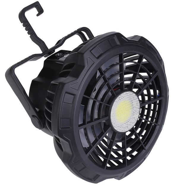 Studio view of the black tent fan showing the sturdy carry handle and the built-in hanging hook extended upwards.