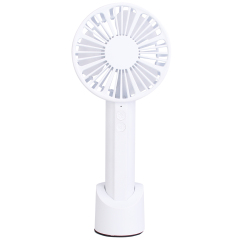 Front studio view of a white handheld mini fan standing vertically inside its matching cylindrical base.