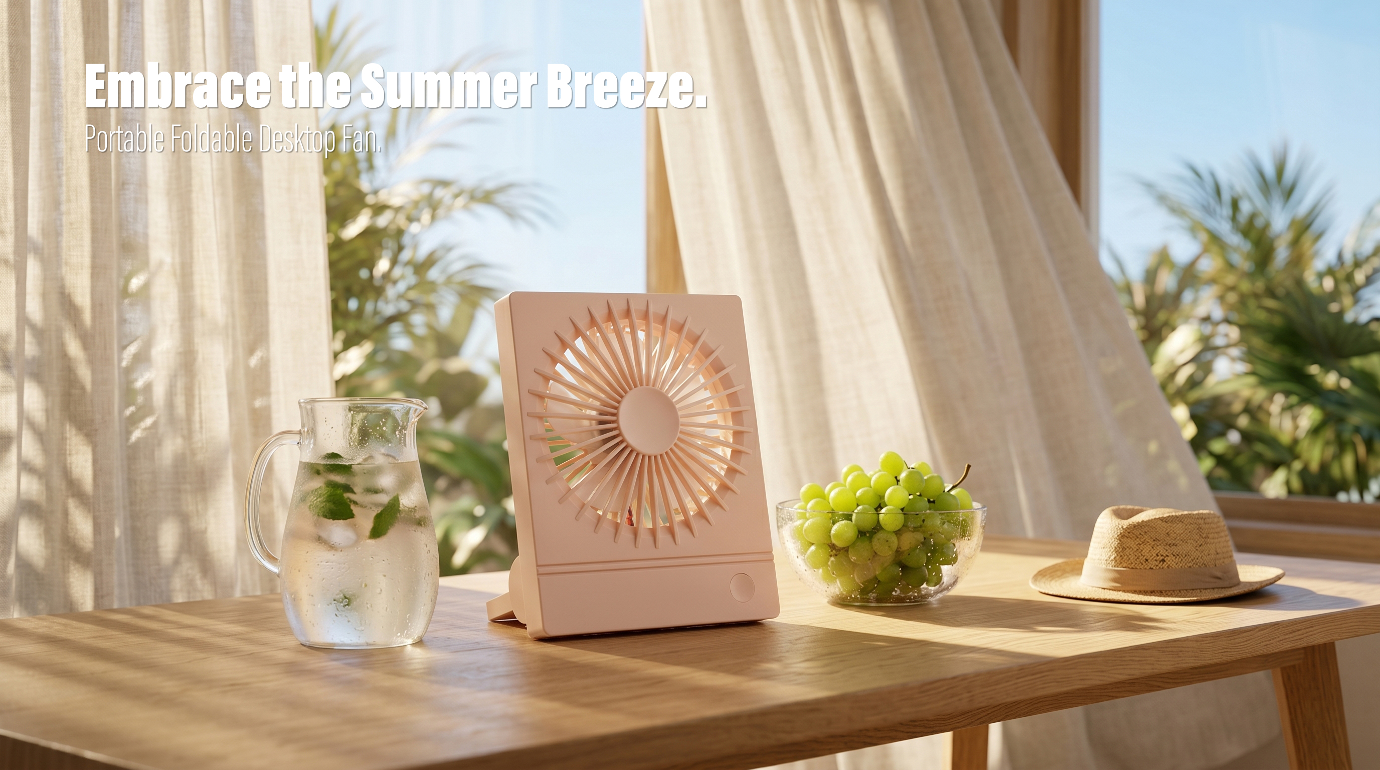 A cinematic wide shot of a pink foldable desktop personal fan on a wooden table next to an iced mint water pitcher and green grapes in front of a sunlit window with blowing curtains.