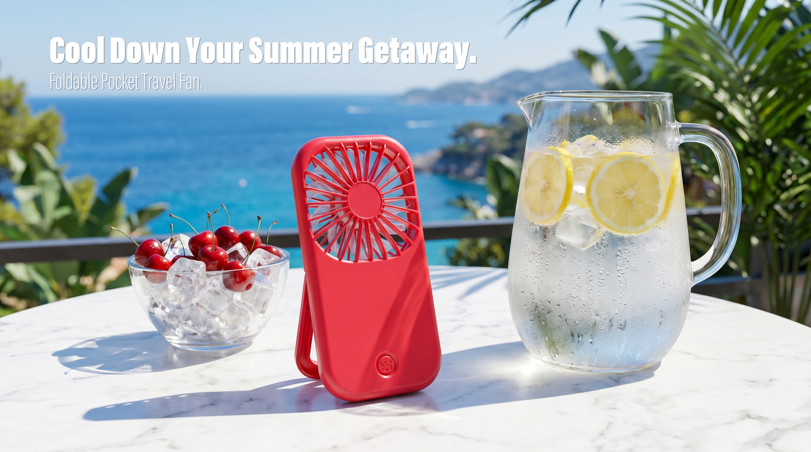 A cinematic wide lifestyle shot of a red foldable desktop personal fan on a white marble table next to an iced lemon water pitcher and fresh cherries with a beautiful blue ocean background.