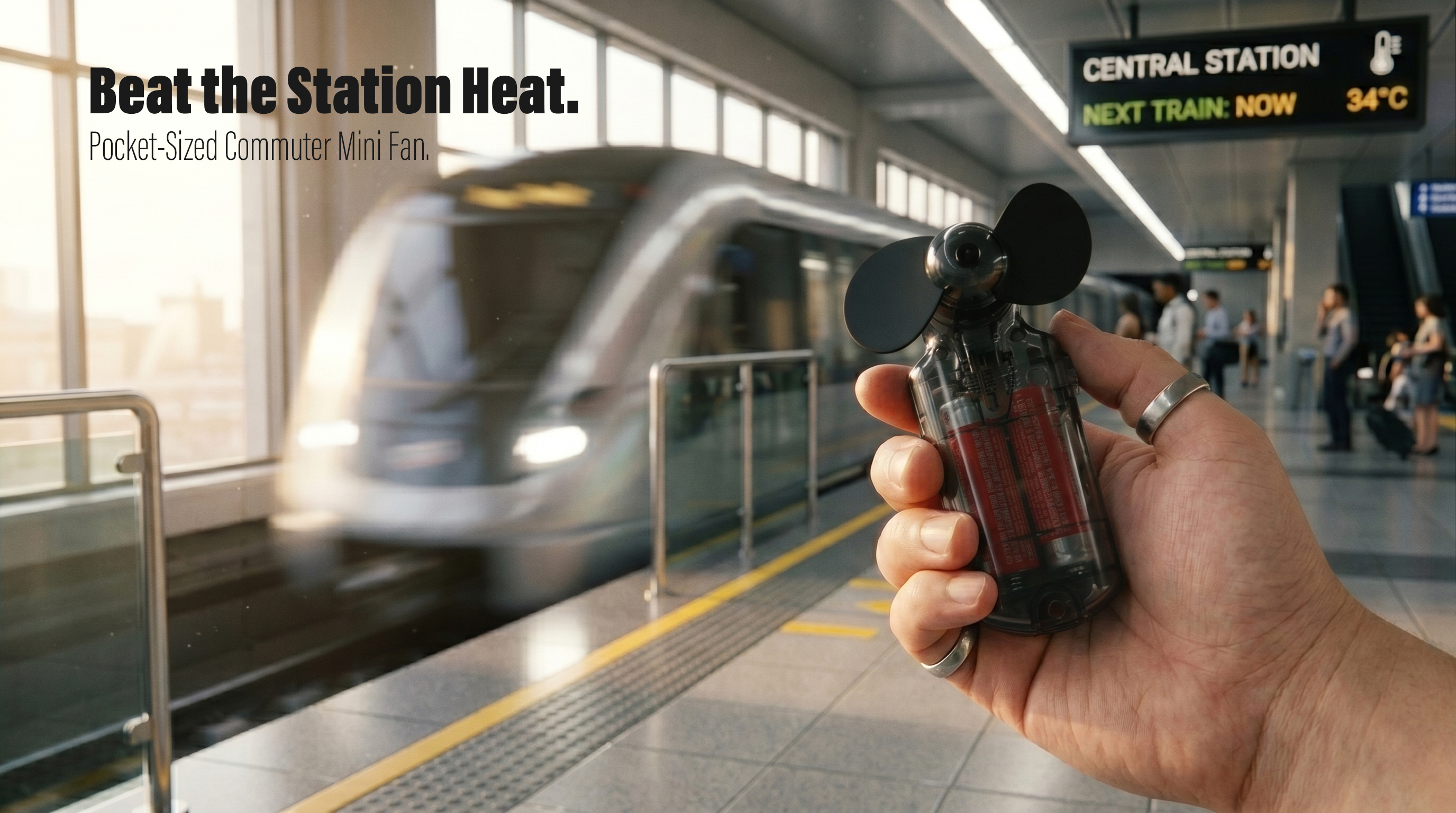 A close-up first-person view of a hand holding a transparent black handheld mini fan inside a hot train station platform while a modern train arrives.