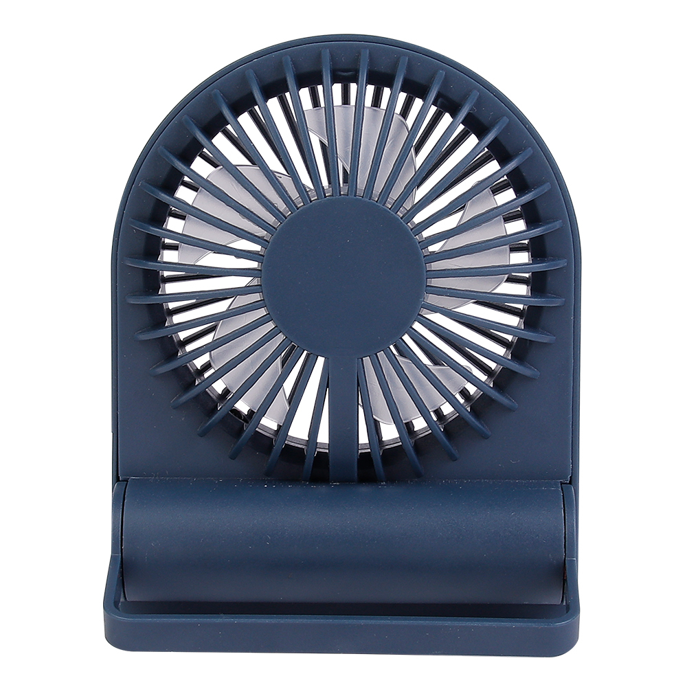 Front studio view of the navy blue personal fan completely folded flat for ultra-portable pocket carrying.