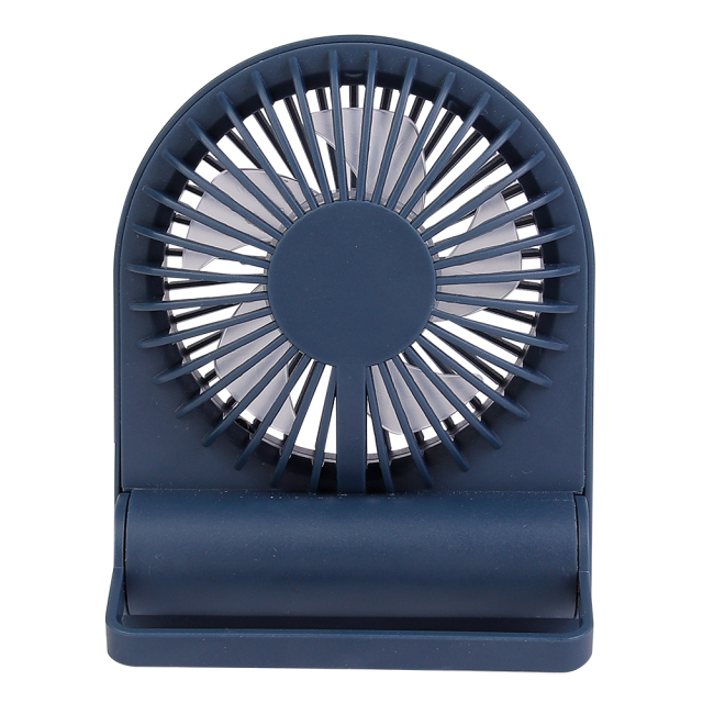 Front studio view of the navy blue personal fan completely folded flat for ultra-portable pocket carrying.
