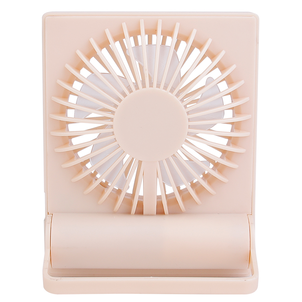 Front studio view of the pink travel fan completely folded flat with its base bracket flipped to the front for storage.