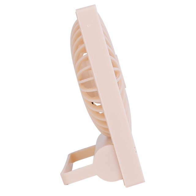 Right profile studio view of the mini pink cooling fan standing stable with its built-in rectangular bracket.