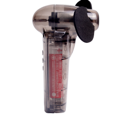 Profile side studio view of the mini travel cooling fan showing the sleek cylindrical handle and mechanical structure.