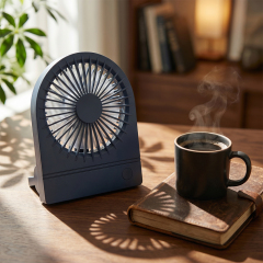 A navy blue desktop mini fan on a wooden desk next to a steaming hot coffee mug and antique books under warm sunlight.