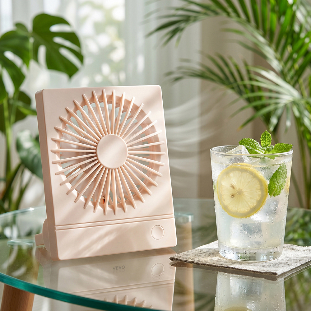 A pink ultra-thin personal desk fan on a glass table next to an iced lemon water glass with green plants in the background.