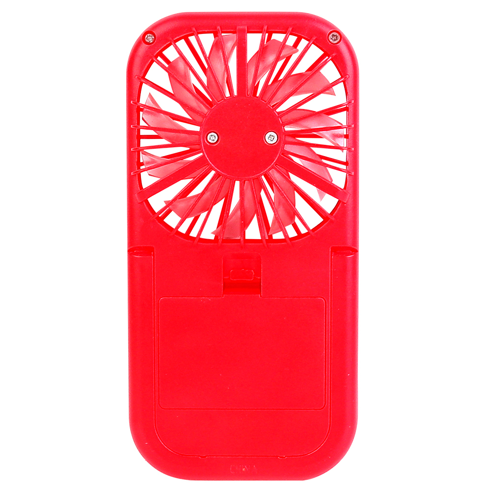 Rear studio view of the red rectangular personal mini fan showcasing its back casing and battery compartment panel.