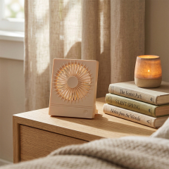 A light pink foldable desktop fan standing on a wooden nightstand next to books and a scented candle in a warm bedroom.
