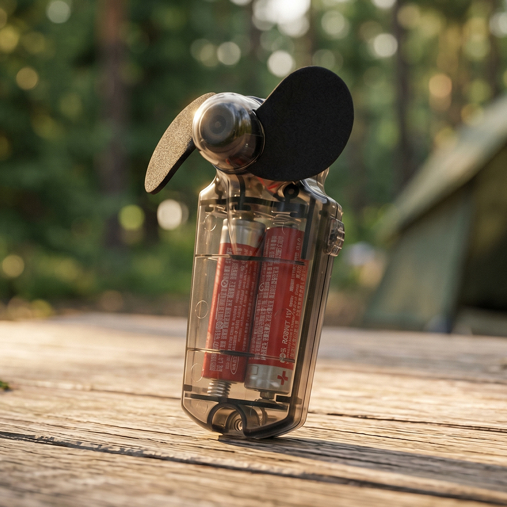 A transparent black pocket mini fan standing upright on a rustic wooden table with a blurred outdoor nature background.