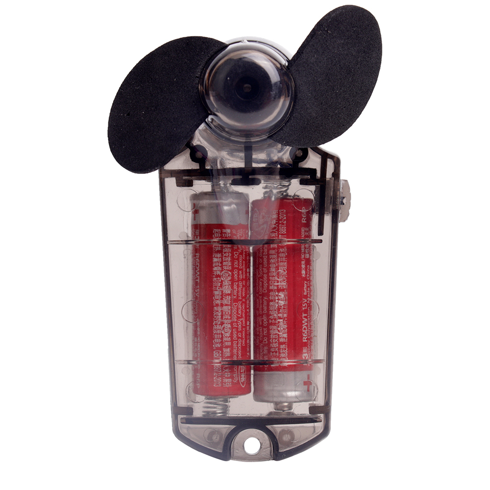 Straight front studio view of the portable battery-operated mini fan highlighting its transparent casing and dual black blades.
